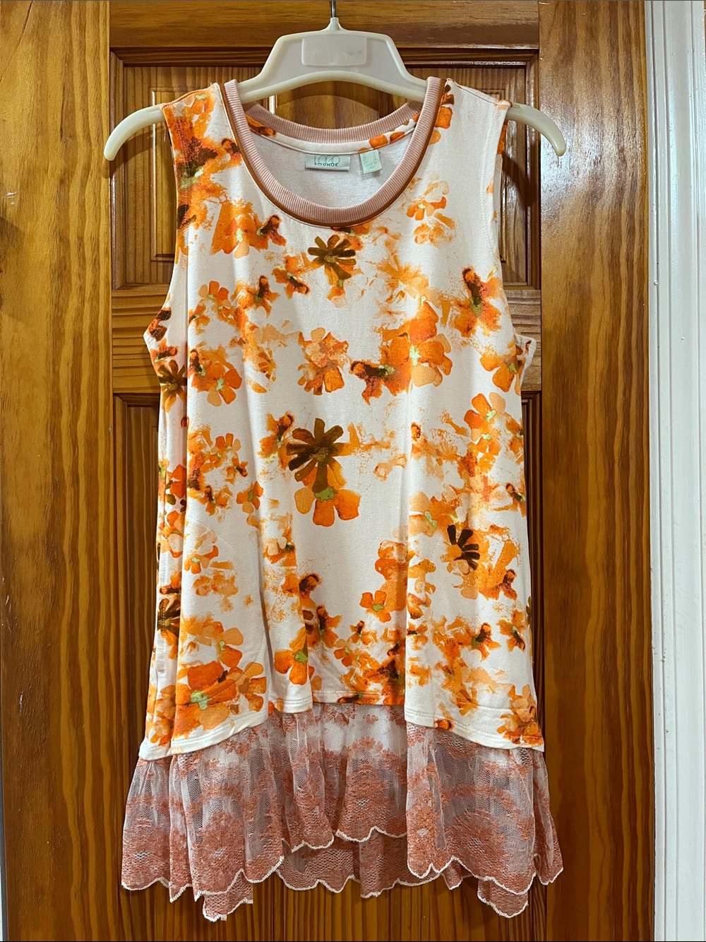 Logo Lori Goldstein Orange Cream Floral Lace Hem Tank Top Gothic Romantic Multi